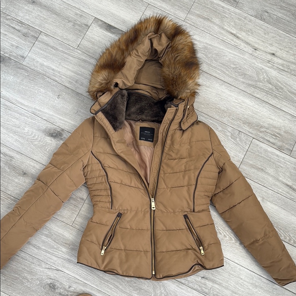 Zara Tan Puffer Jacket Faux Fur Hood